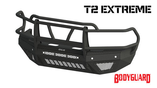 BodyGuard T2 Front Extreme; 2017-2022 Ford F250/F350; No Sensors Cutouts; Factory Fog Cutouts; Winch Mount; With Mesh Grill; No Camera Harness; Bare Metal